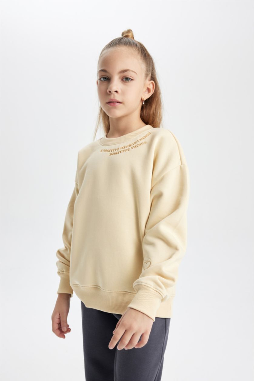 GIRLS & TEENS Light Beige Regular Fit Crew Neck Sweatshirt