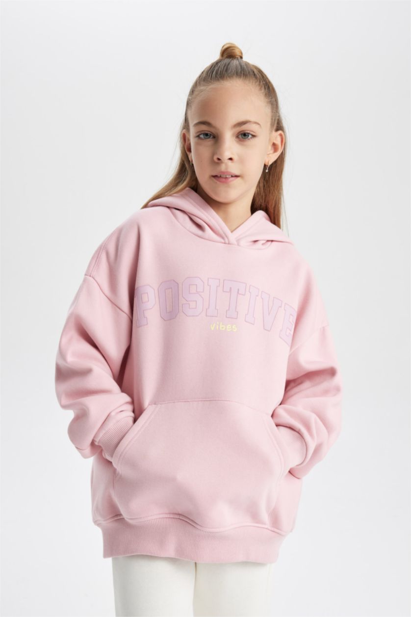 Kız Çocuk - Genç Kız Pembe Kız Çocuk Oversize Fit Kapüşonlu İçi Yumuşak Tüylü Kalın Sweatshirt