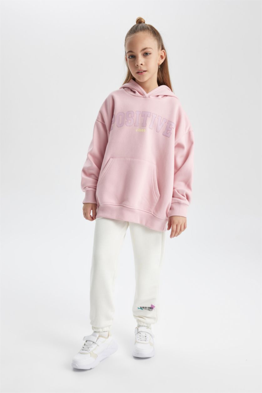 Kız Çocuk - Genç Kız Pembe Kız Çocuk Oversize Fit Kapüşonlu İçi Yumuşak Tüylü Kalın Sweatshirt