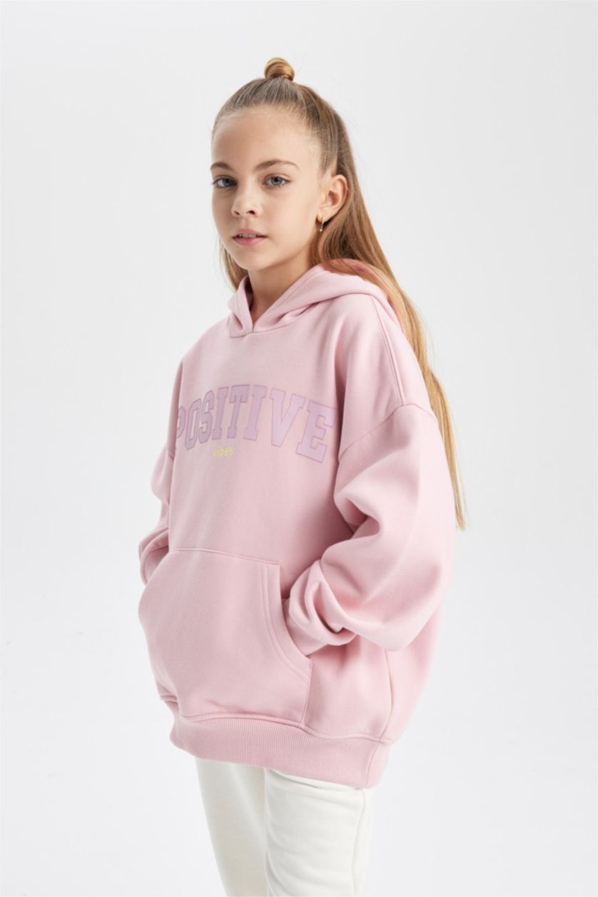 Kız Çocuk - Genç Kız Pembe Kız Çocuk Oversize Fit Kapüşonlu İçi Yumuşak Tüylü Kalın Sweatshirt