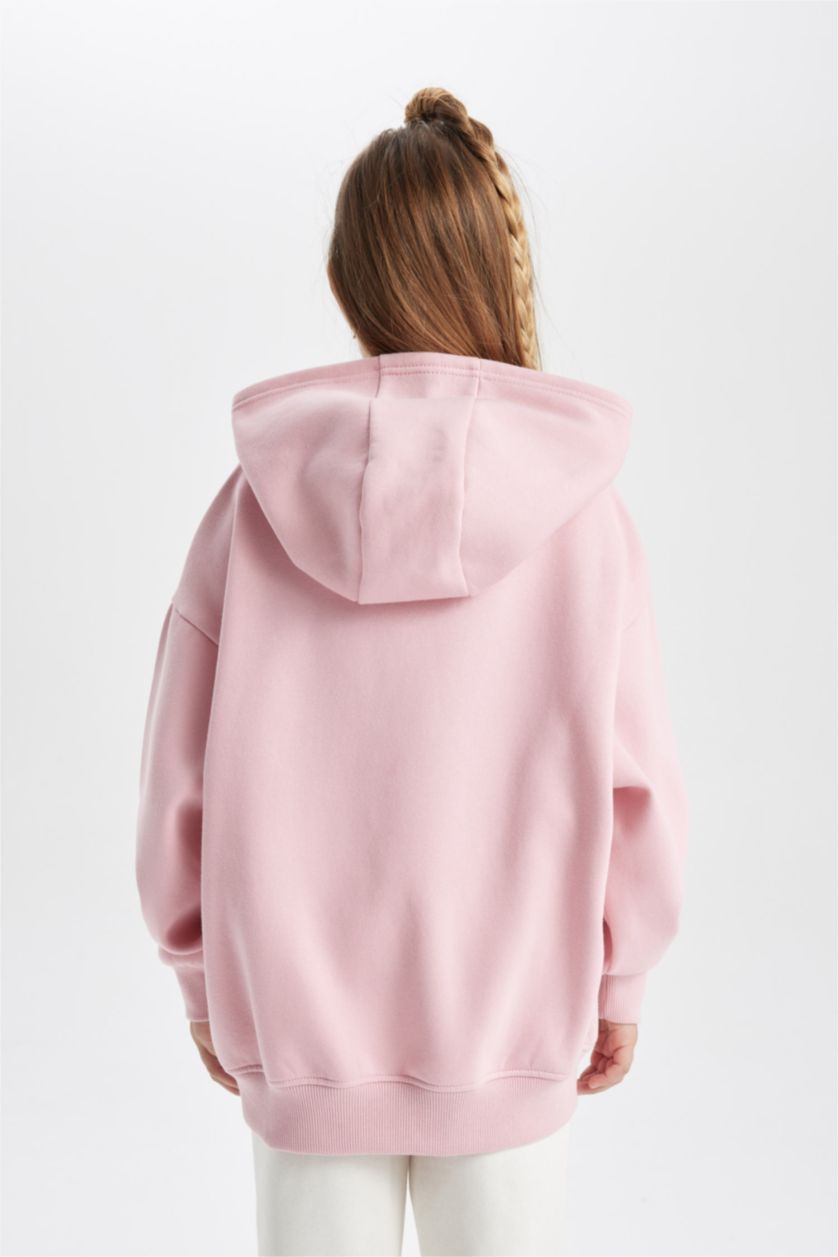 Kız Çocuk - Genç Kız Pembe Kız Çocuk Oversize Fit Kapüşonlu İçi Yumuşak Tüylü Kalın Sweatshirt