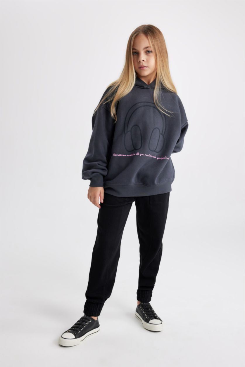 GIRLS & TEENS Anthracite Girl Oversize Fit Hooded Thick Fabric Sweatshirt