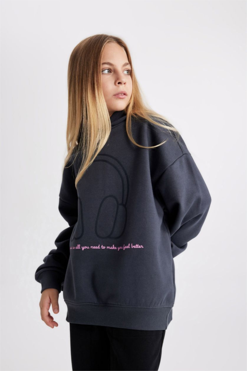 GIRLS & TEENS Anthracite Girl Oversize Fit Hooded Thick Fabric Sweatshirt