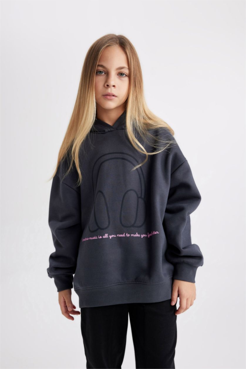 GIRLS & TEENS Anthracite Girl Oversize Fit Hooded Thick Fabric Sweatshirt