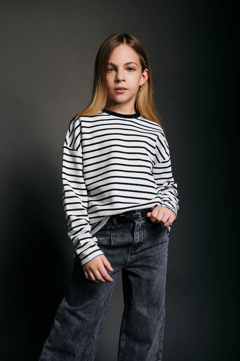 GIRLS & TEENS Ecru Girl Loose Fit Striped Crew Neck Sweatshirt