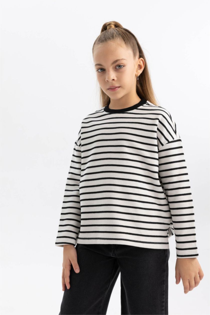 GIRLS & TEENS Ecru Girl Loose Fit Striped Crew Neck Sweatshirt
