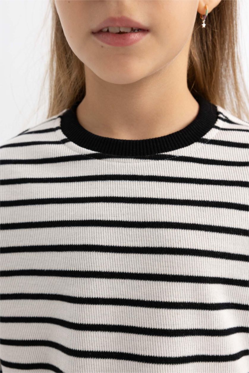 GIRLS & TEENS Ecru Girl Loose Fit Striped Crew Neck Sweatshirt