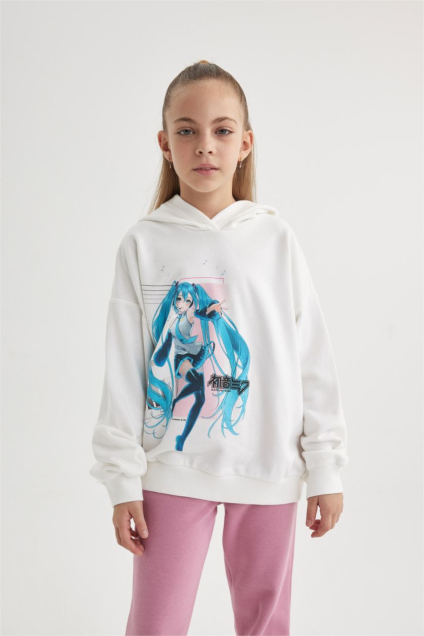Kız Çocuk - Genç Kız Ekru Kız Çocuk Hatsune Miku Oversize Geniş Kalıp Kapüşonlu Sweatshirt