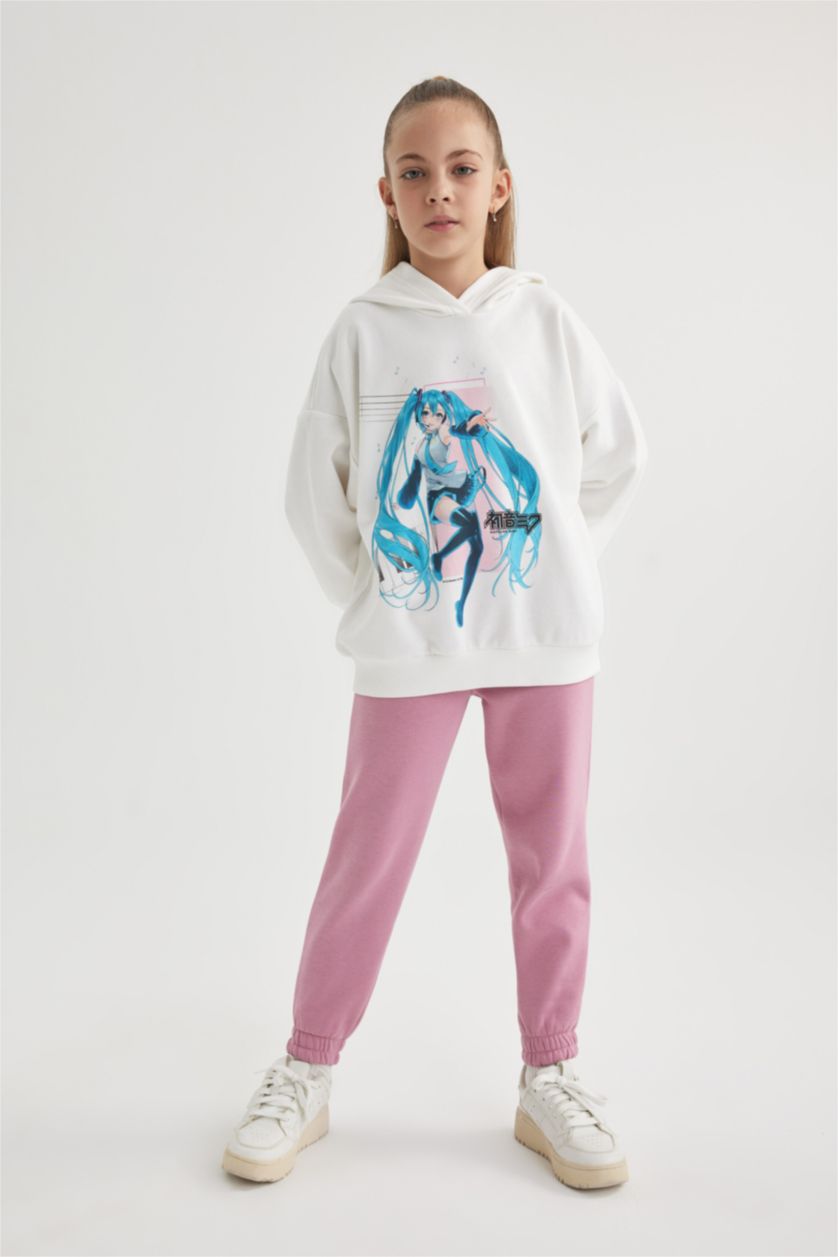 Kız Çocuk - Genç Kız Ekru Kız Çocuk Hatsune Miku Oversize Geniş Kalıp Kapüşonlu Sweatshirt