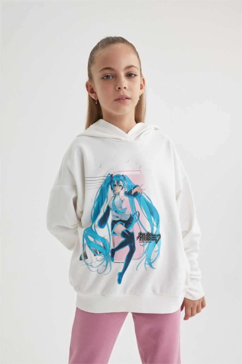 Kız Çocuk - Genç Kız Ekru Kız Çocuk Hatsune Miku Oversize Geniş Kalıp Kapüşonlu Sweatshirt