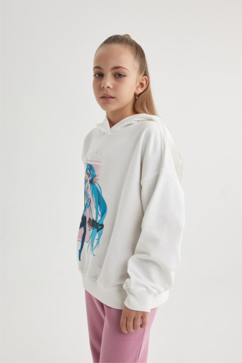 Kız Çocuk - Genç Kız Ekru Kız Çocuk Hatsune Miku Oversize Geniş Kalıp Kapüşonlu Sweatshirt