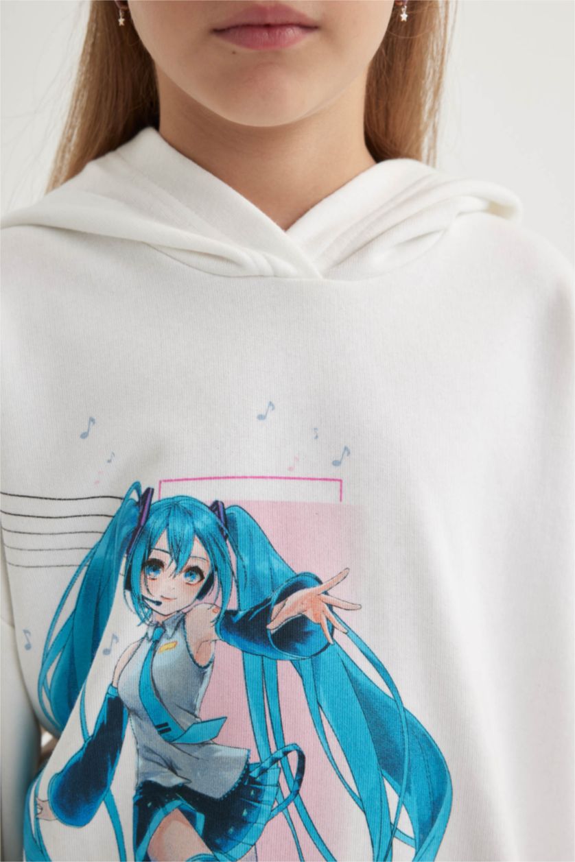 Kız Çocuk - Genç Kız Ekru Kız Çocuk Hatsune Miku Oversize Geniş Kalıp Kapüşonlu Sweatshirt