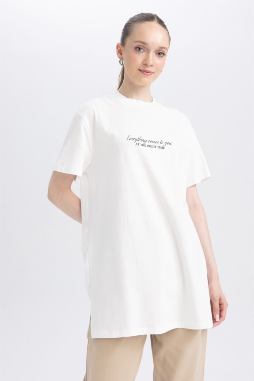 FEMME Écru Tunique Coupe Régulière Col rond Imprimé À Manches Courtes