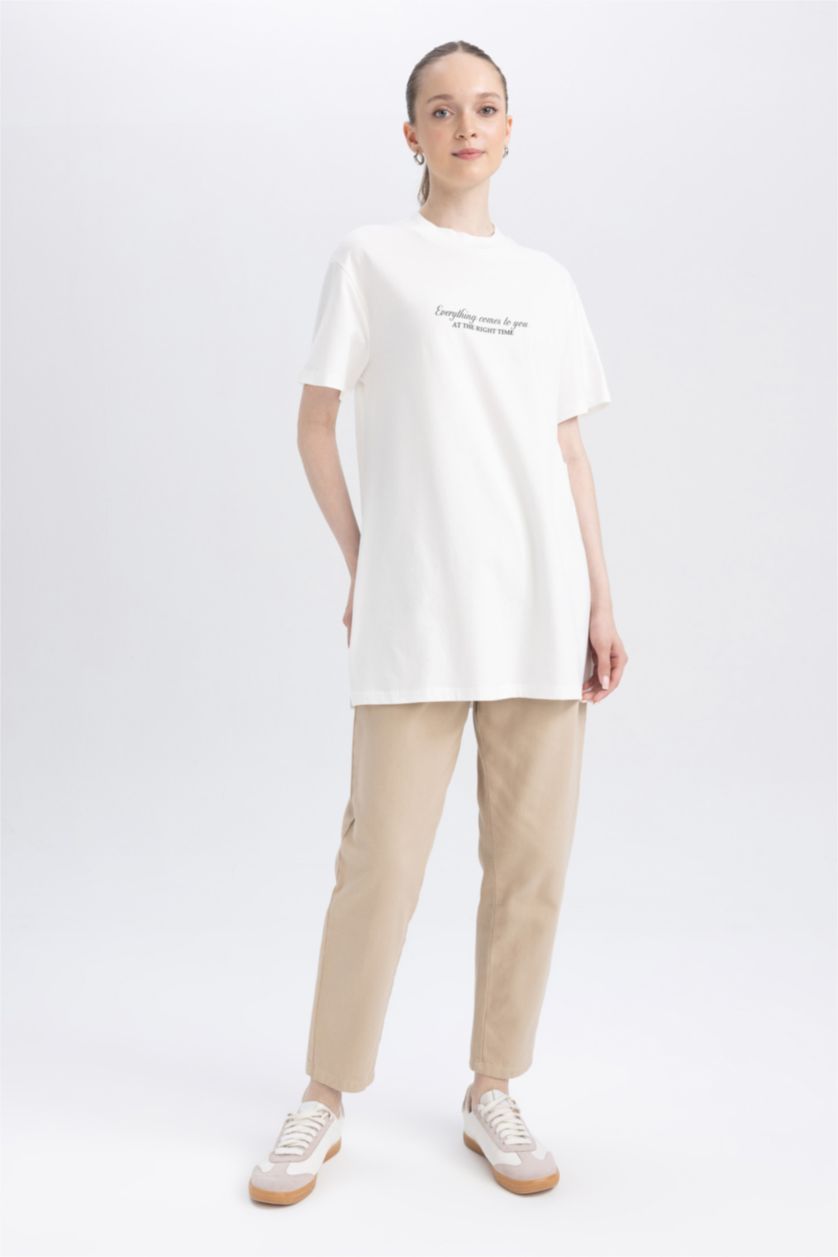 FEMME Écru Tunique Coupe Régulière Col rond Imprimé À Manches Courtes