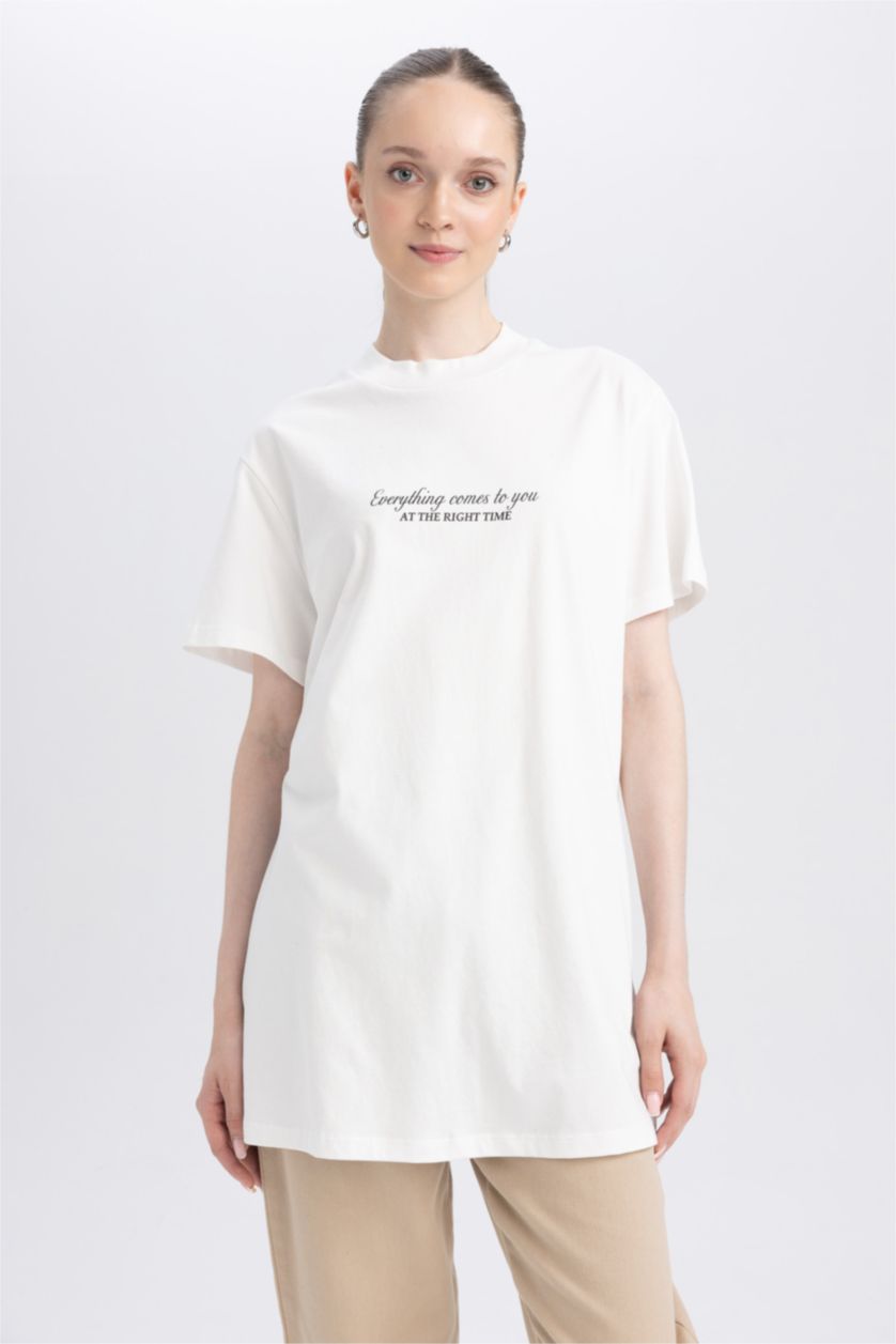 FEMME Écru Tunique Coupe Régulière Col rond Imprimé À Manches Courtes