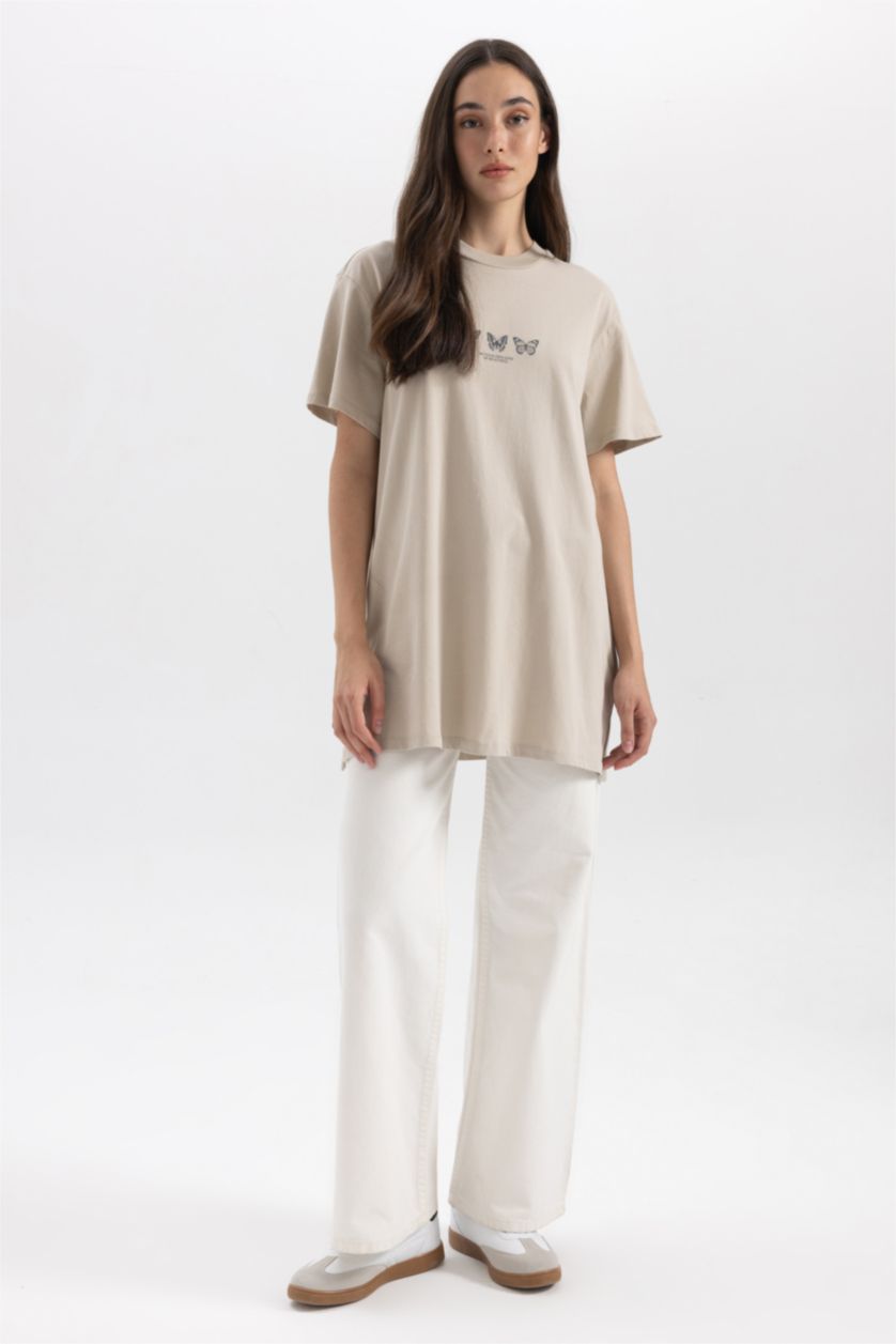 Woman Stone Regular Fit Crew Neck Printed Short Sleeve Tunic