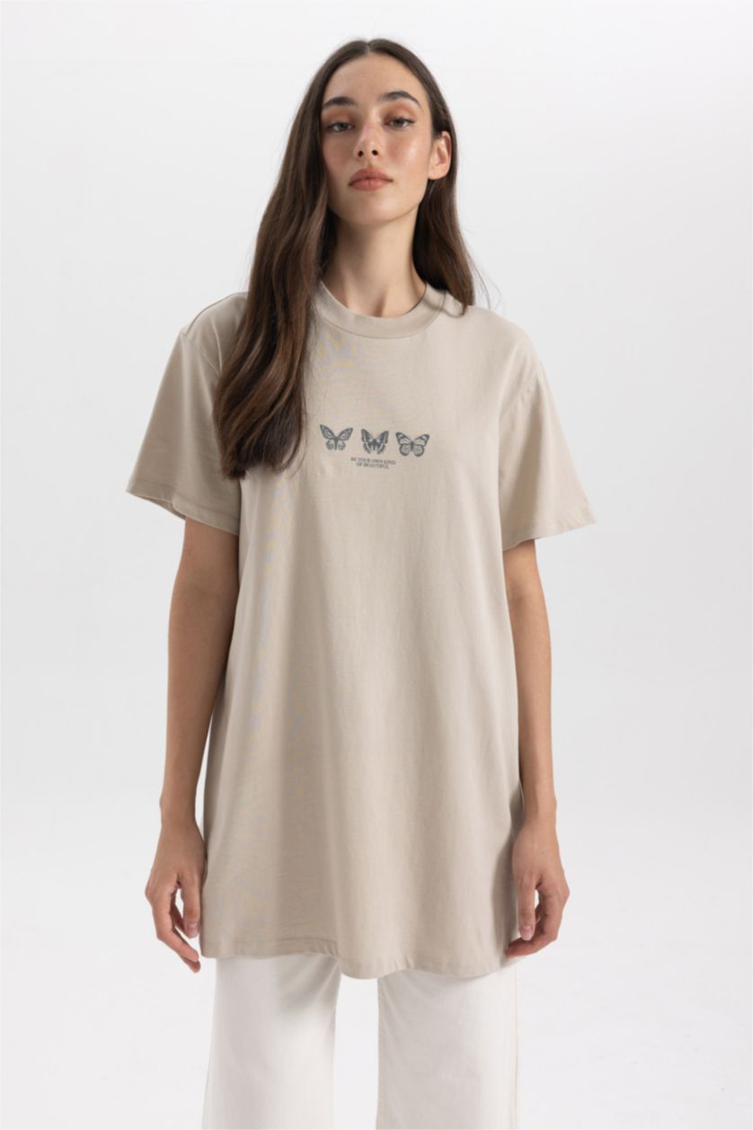 Woman Stone Regular Fit Crew Neck Printed Short Sleeve Tunic