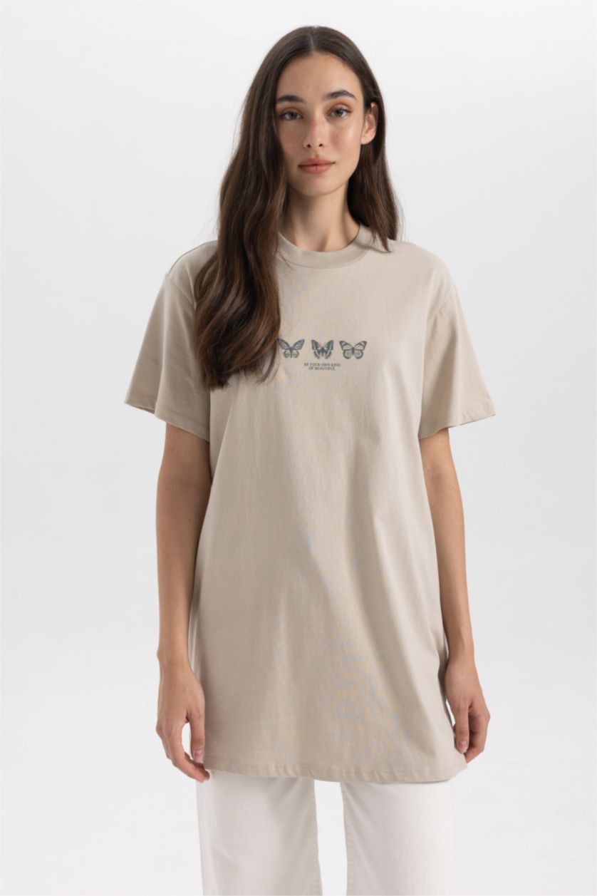 Woman Stone Regular Fit Crew Neck Printed Short Sleeve Tunic