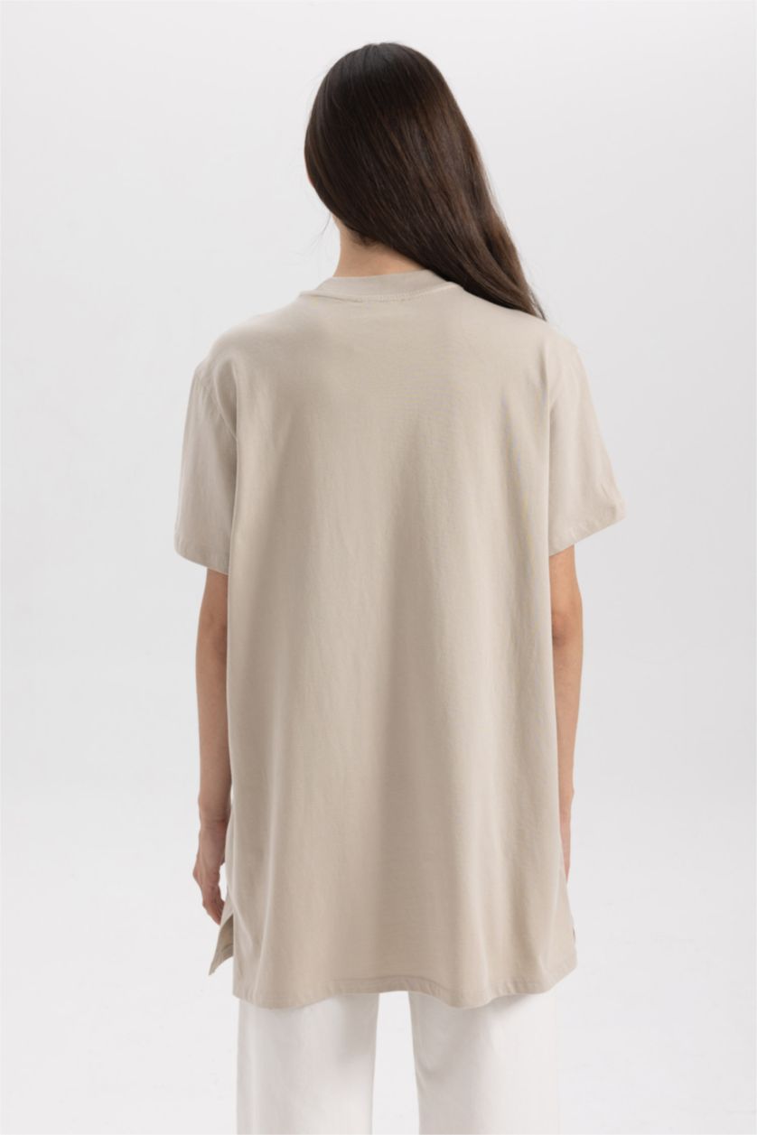 Woman Stone Regular Fit Crew Neck Printed Short Sleeve Tunic