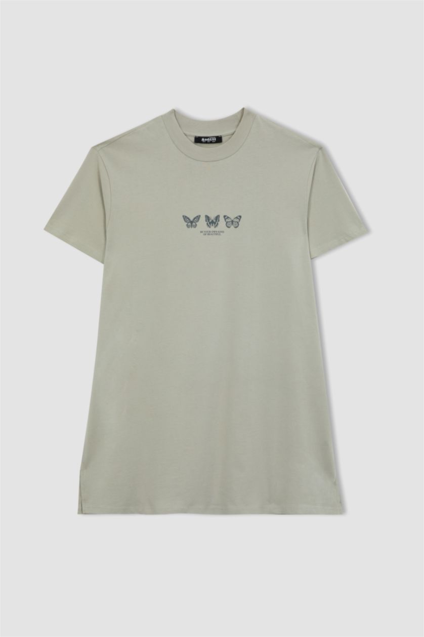 Woman Stone Regular Fit Crew Neck Printed Short Sleeve Tunic