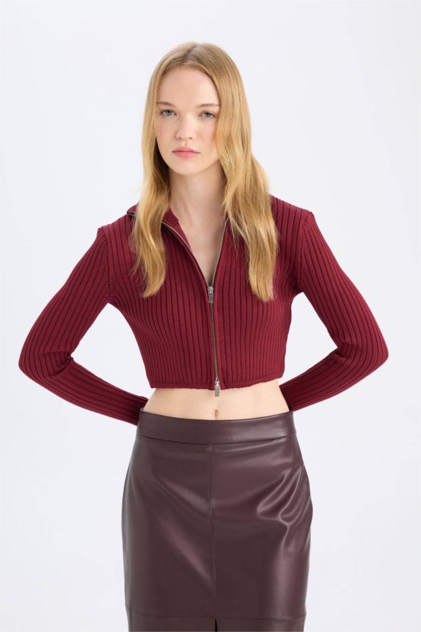 Kadın Bordo Yarım Balıkçı Yaka Fermuarlı Triko Hırka