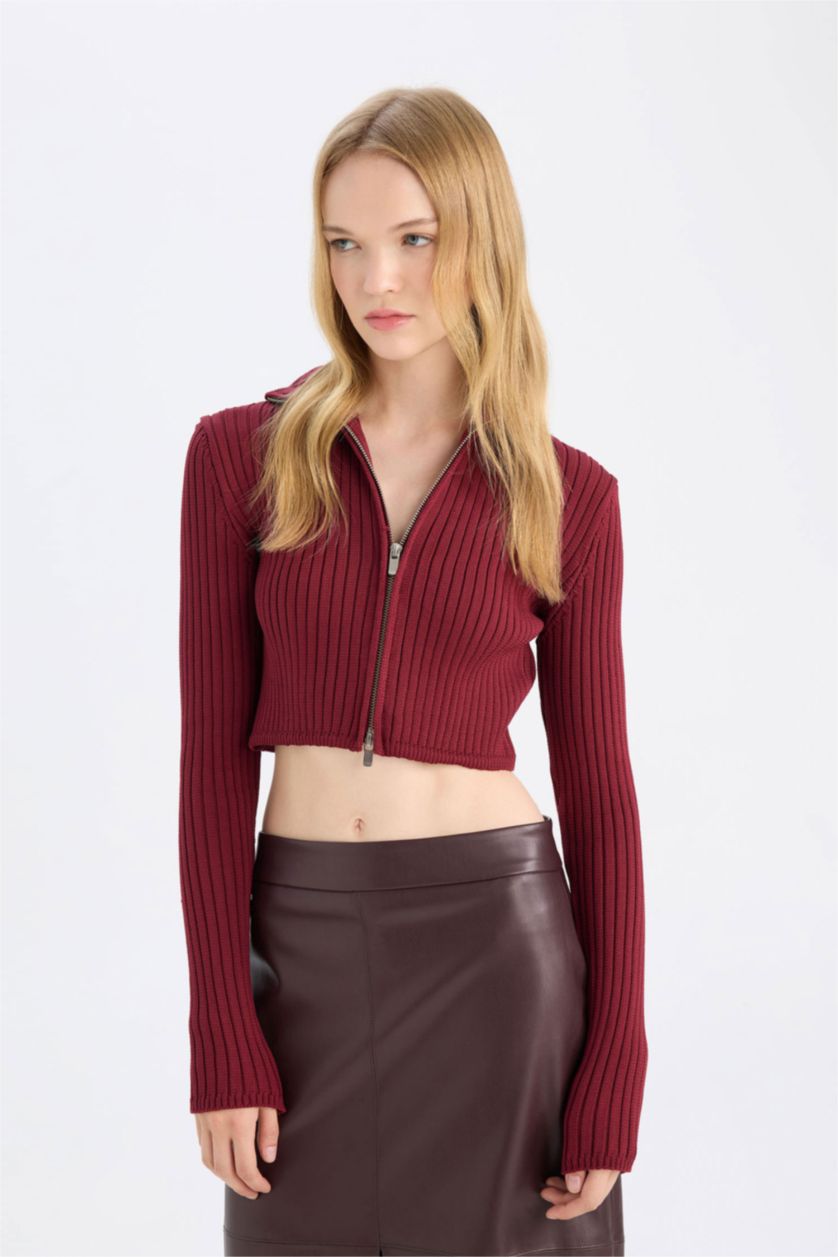 Kadın Bordo Yarım Balıkçı Yaka Fermuarlı Triko Hırka