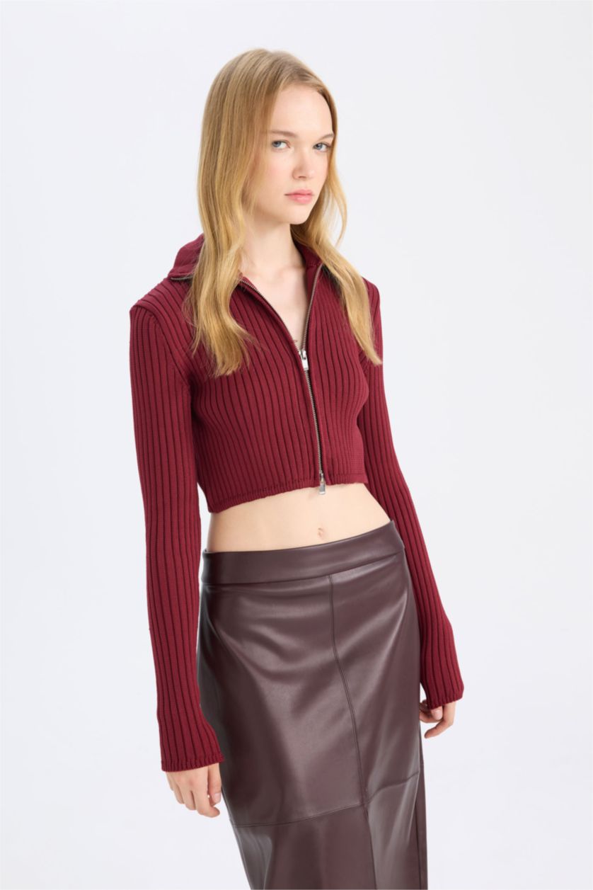 Kadın Bordo Yarım Balıkçı Yaka Fermuarlı Triko Hırka