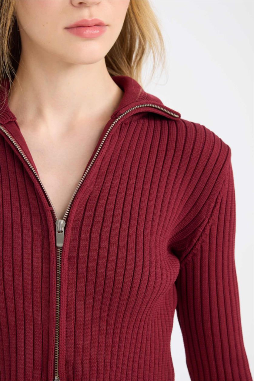 Kadın Bordo Yarım Balıkçı Yaka Fermuarlı Triko Hırka