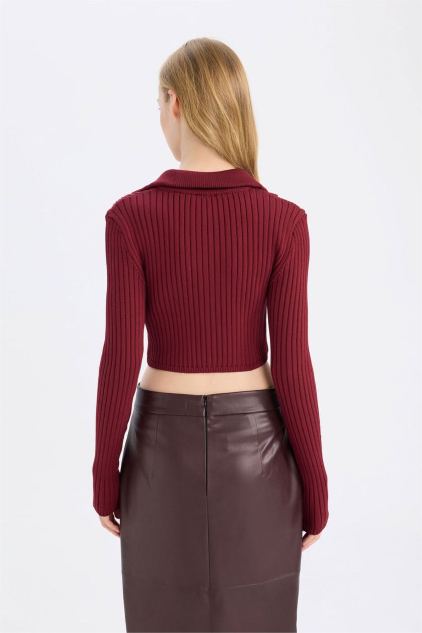 Kadın Bordo Yarım Balıkçı Yaka Fermuarlı Triko Hırka