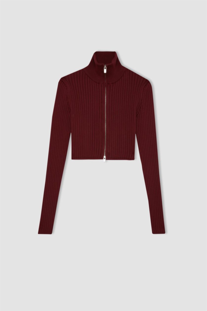 Kadın Bordo Yarım Balıkçı Yaka Fermuarlı Triko Hırka