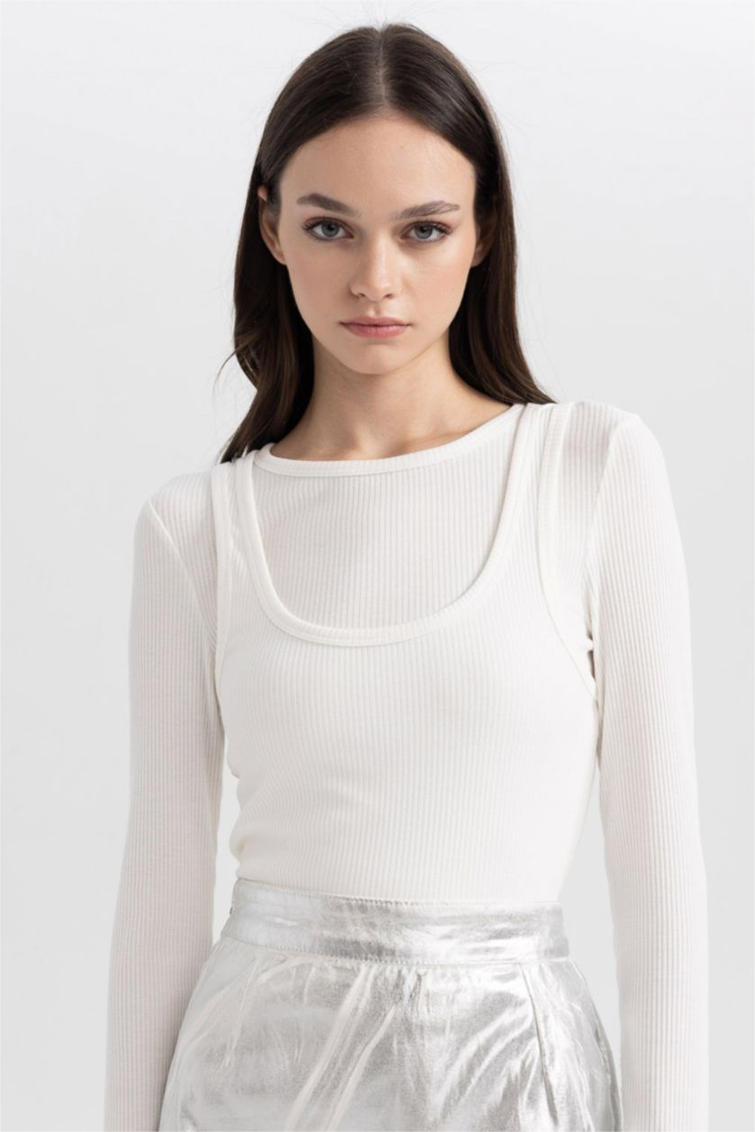 WOMAN White Fitted Corduroy Long Sleeve T-Shirt