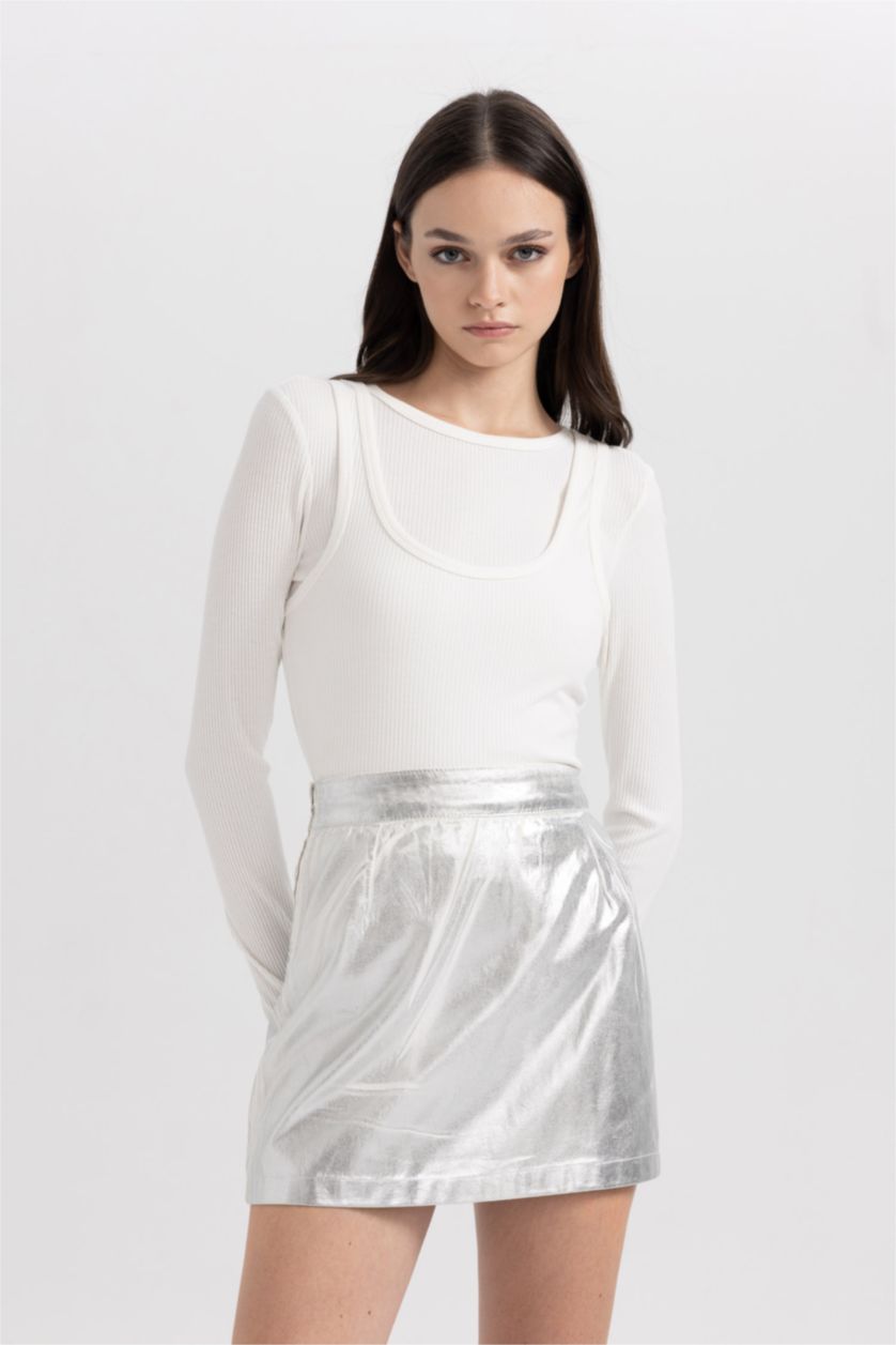 WOMAN White Fitted Corduroy Long Sleeve T-Shirt