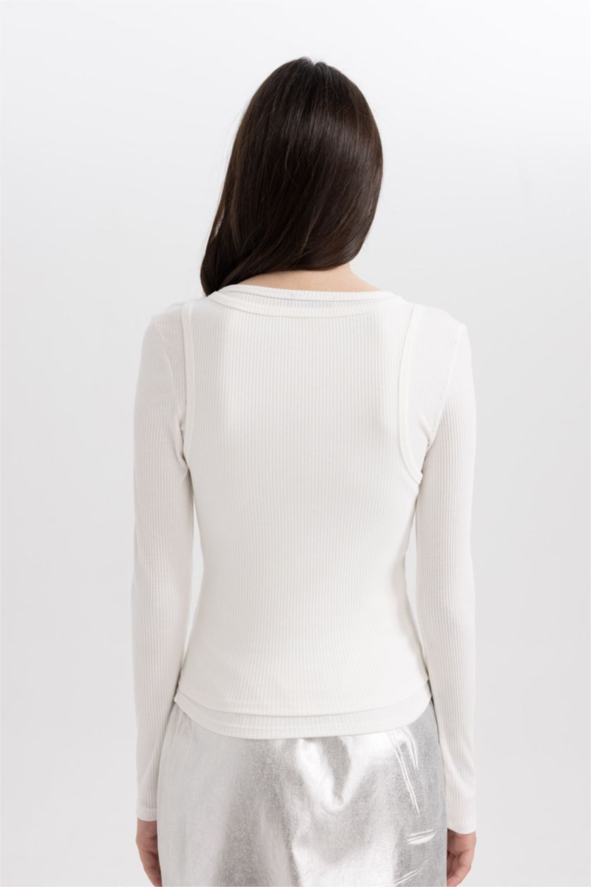 WOMAN White Fitted Corduroy Long Sleeve T-Shirt