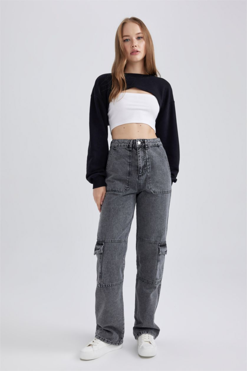 Kadın Siyah Cropped Fıt Kalın Kumaş Sweatshirt