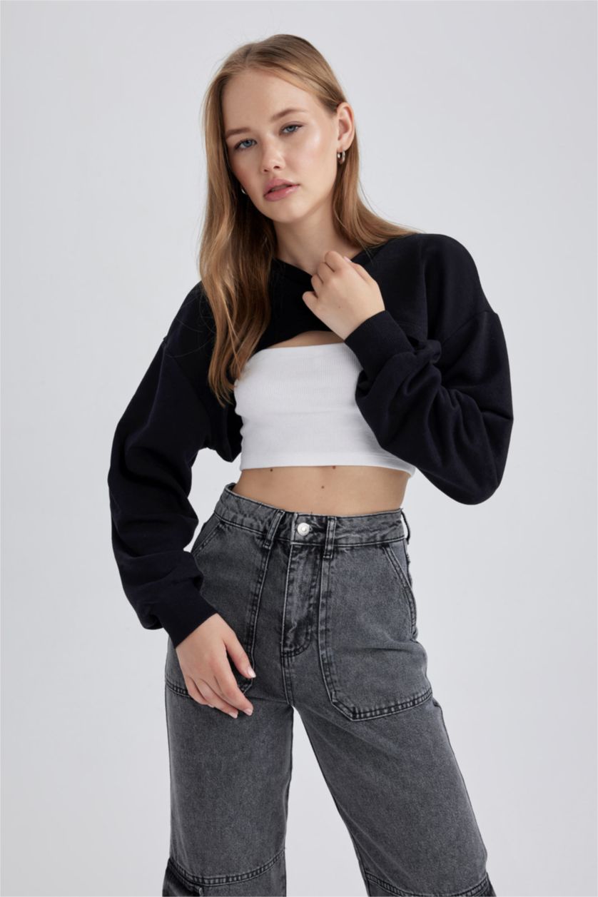 Kadın Siyah Cropped Fıt Kalın Kumaş Sweatshirt