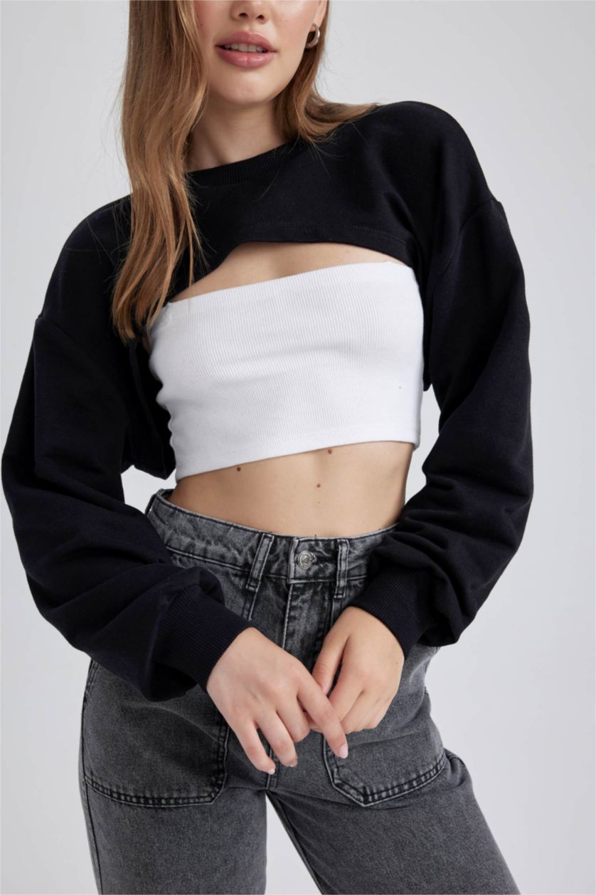 Kadın Siyah Cropped Fıt Kalın Kumaş Sweatshirt
