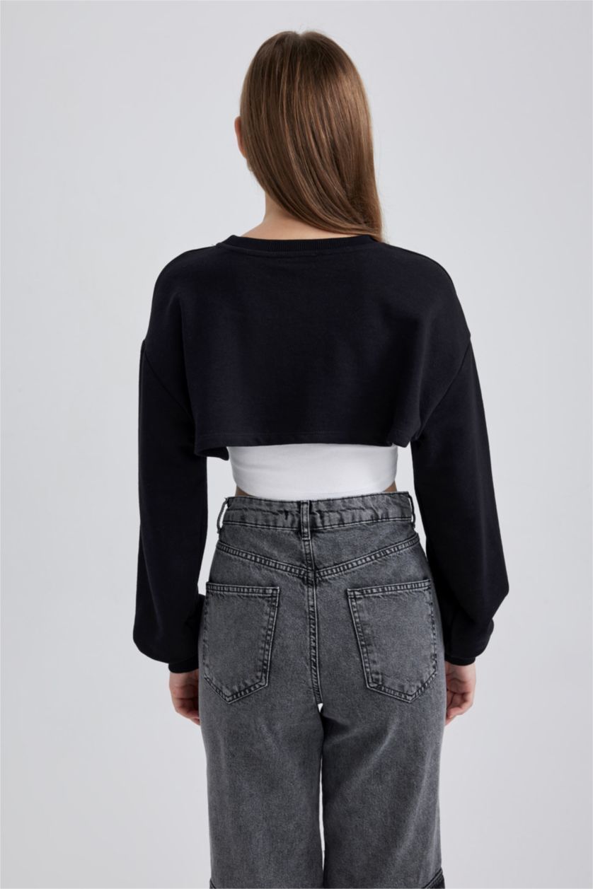 Kadın Siyah Cropped Fıt Kalın Kumaş Sweatshirt