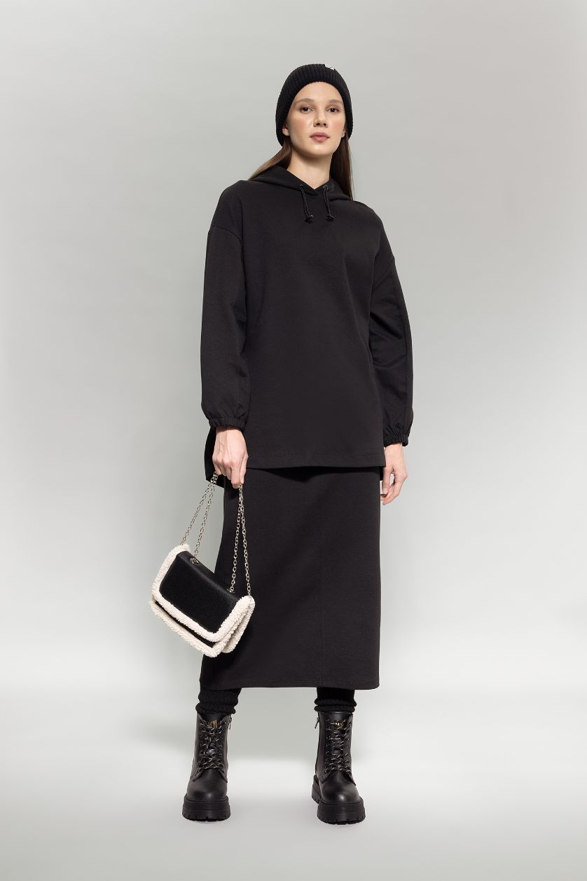 Kadın Siyah Regular Fit Selanik Kumaş Maxi Etek