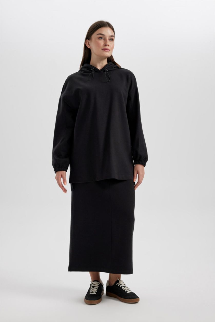 Kadın Siyah Regular Fit Selanik Kumaş Maxi Etek