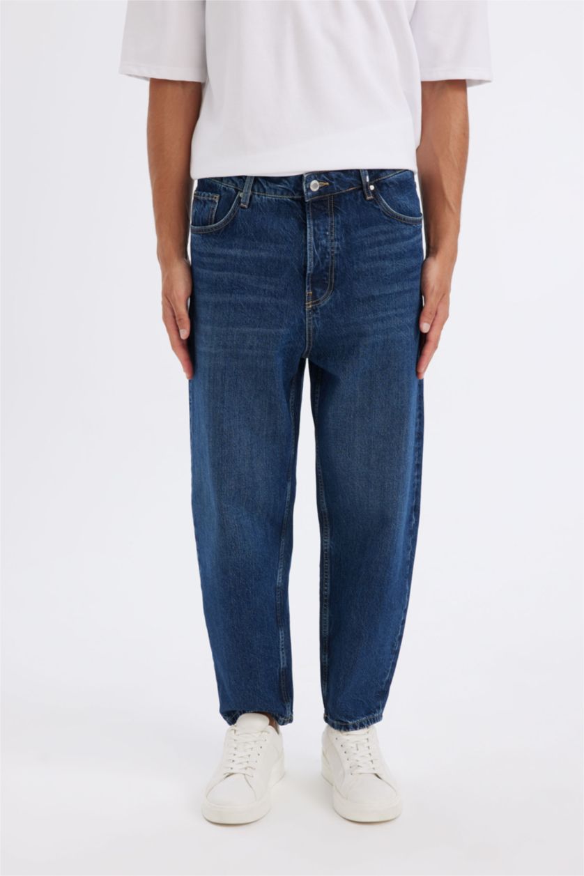 Erkek Koyu Mavi Wiser Wash Balloon Fit Bol Kalıp Yüksek Bel Normal Paça Jean Pantolon