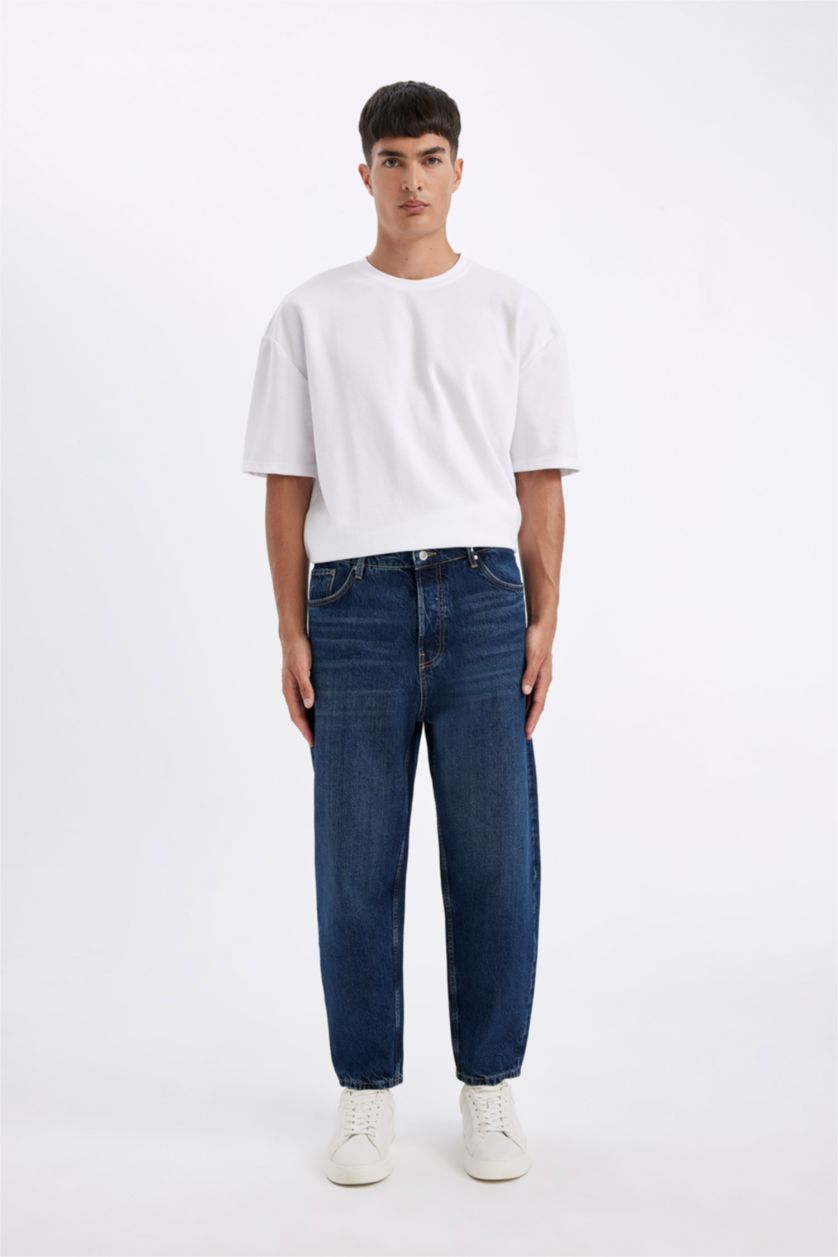 Erkek Koyu Mavi Wiser Wash Balloon Fit Bol Kalıp Yüksek Bel Normal Paça Jean Pantolon