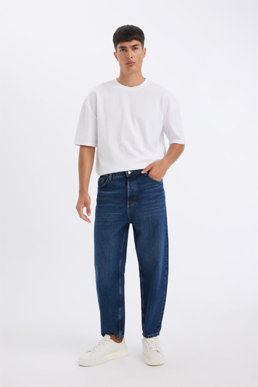 Erkek Koyu Mavi Wiser Wash Balloon Fit Bol Kalıp Yüksek Bel Normal Paça Jean Pantolon