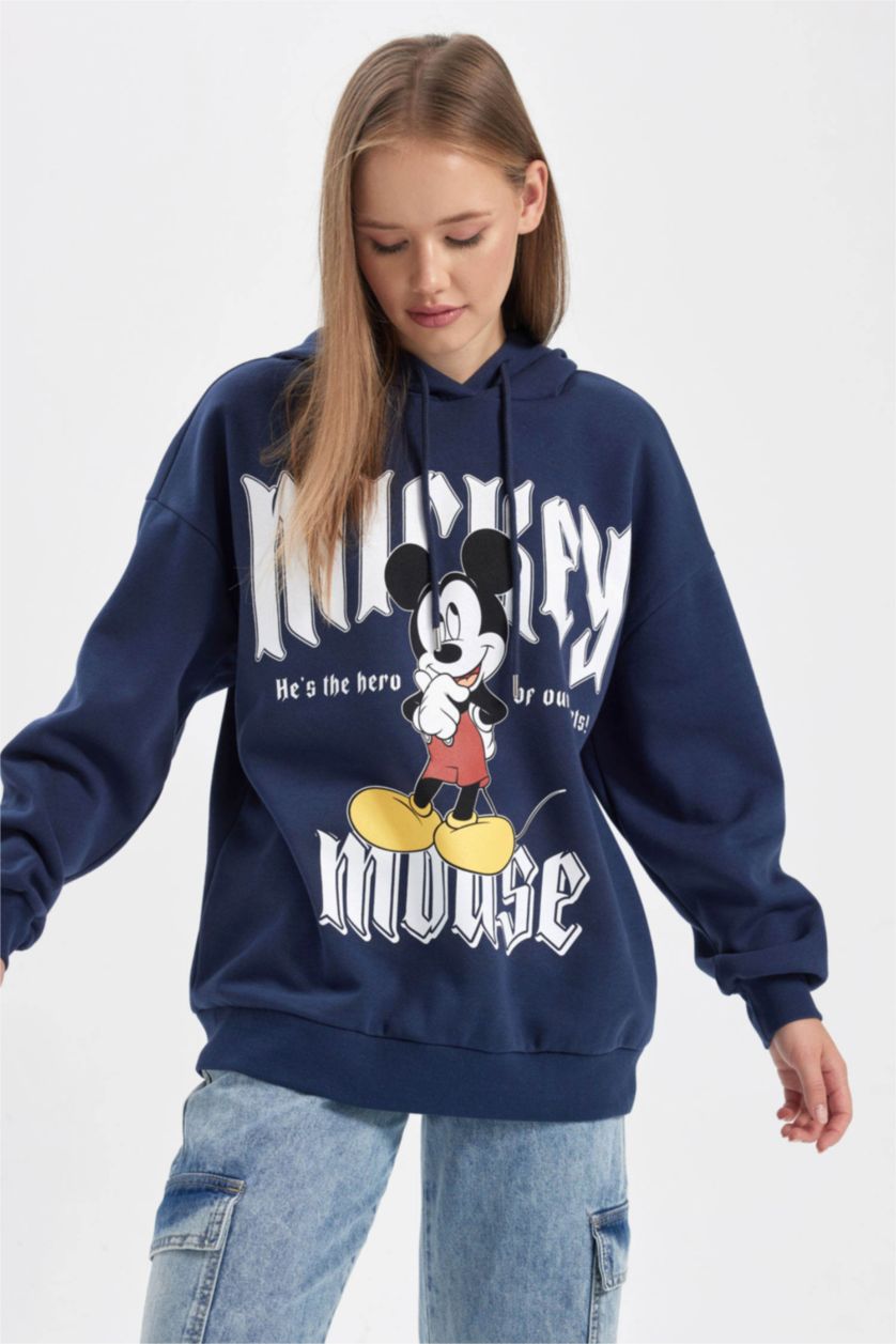 FEMME Marin Sweat- Shirt Coupe Oversize Imprimé Mickey & Minnie Encapuchonné