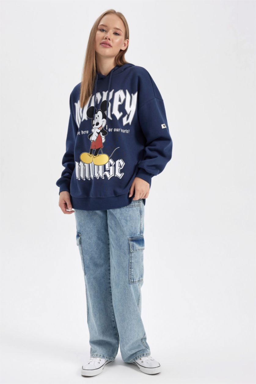 FEMME Marin Sweat- Shirt Coupe Oversize Imprimé Mickey & Minnie Encapuchonné