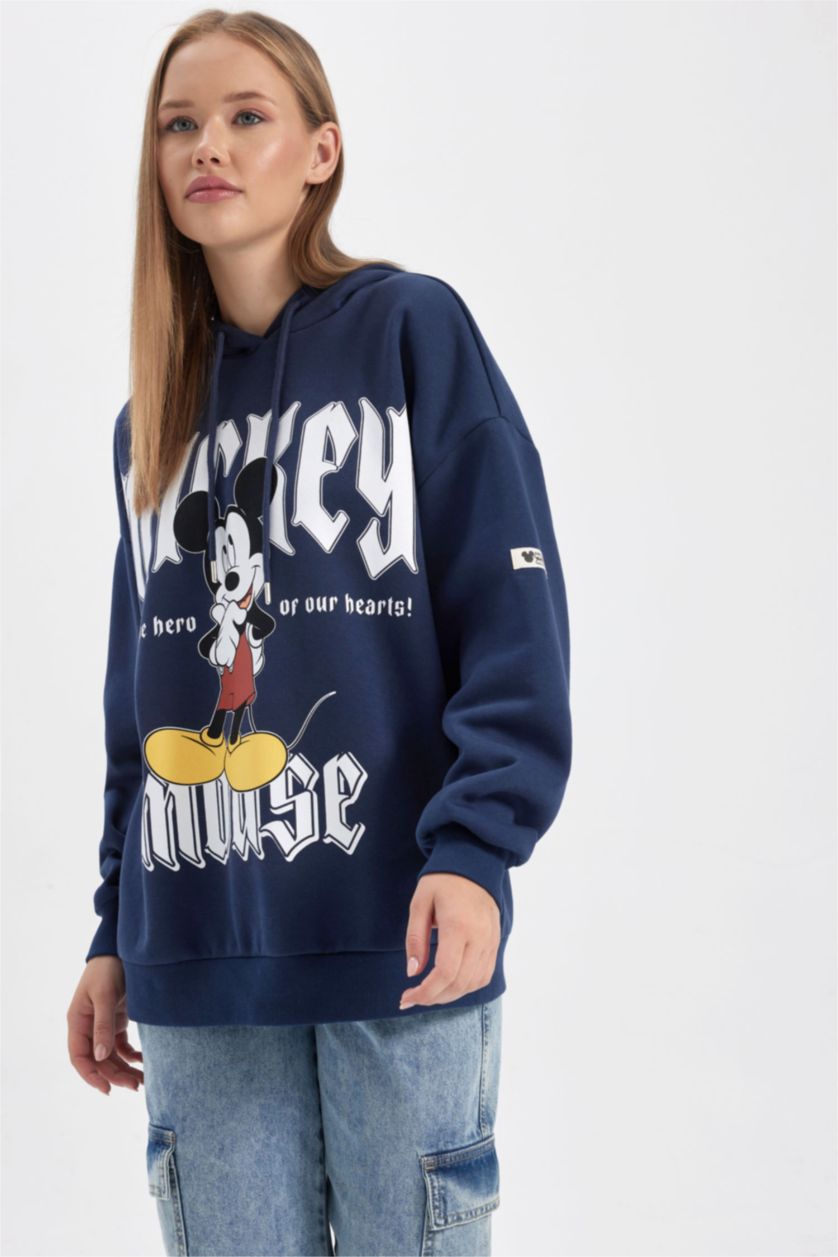 FEMME Marin Sweat- Shirt Coupe Oversize Imprimé Mickey & Minnie Encapuchonné