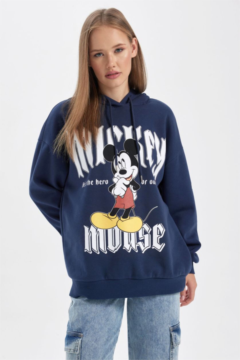 FEMME Marin Sweat- Shirt Coupe Oversize Imprimé Mickey & Minnie Encapuchonné