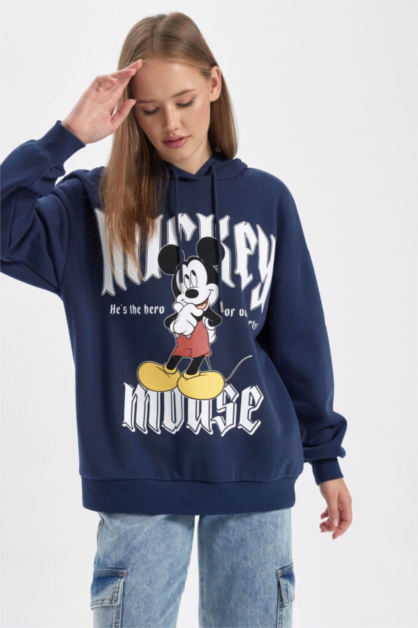 FEMME Marin Sweat- Shirt Coupe Oversize Imprimé Mickey & Minnie Encapuchonné
