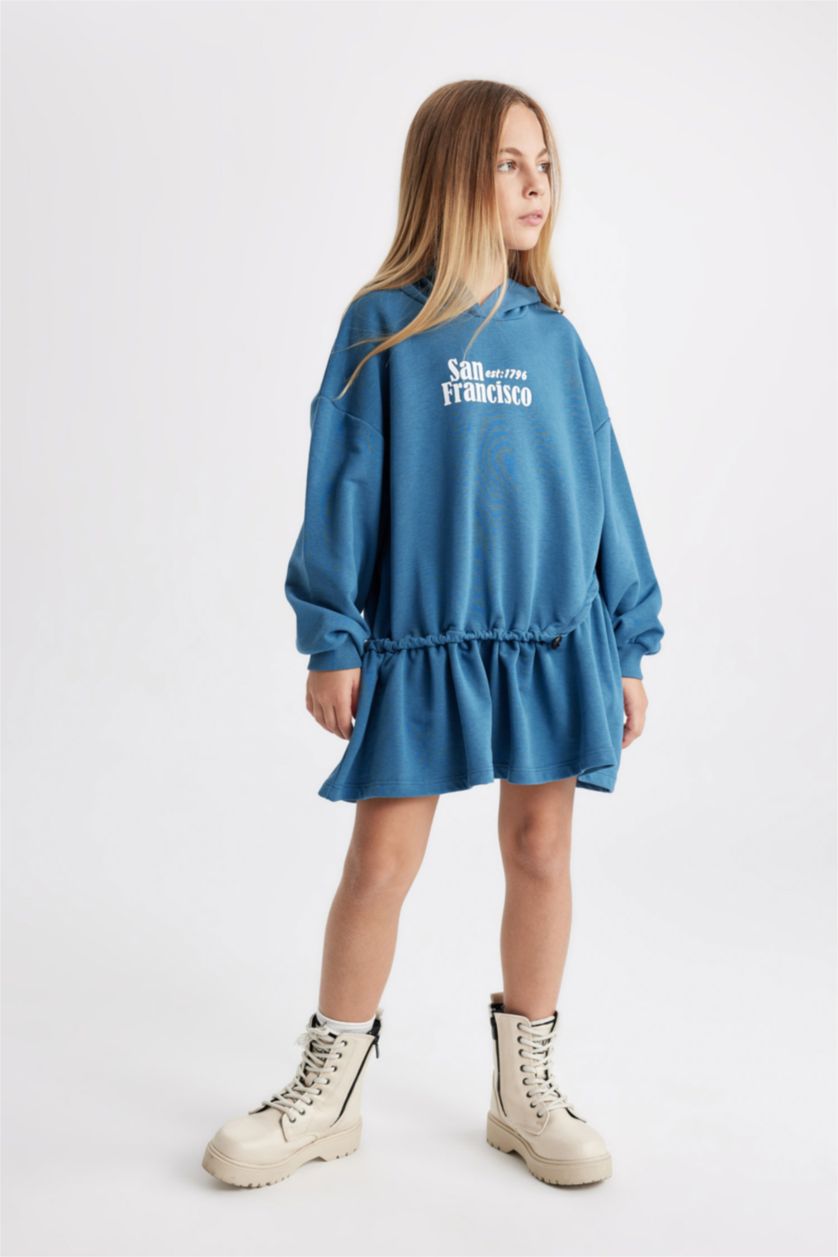 بنات نيلي فستان سويت بناتي مطبوع قصة عادية