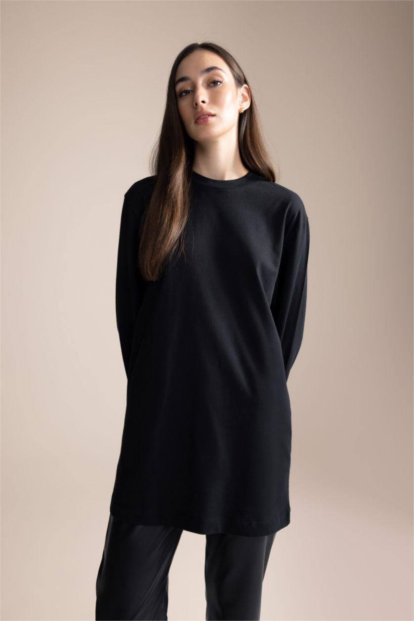 FEMME Noir Tunique Coupe Régulière Col Rond à Manches Courtes