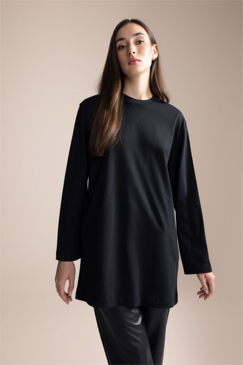 FEMME Noir Tunique Coupe Régulière Col Rond à Manches Courtes